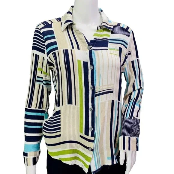 Chicos Womens Top Gauze Blue Green Mixed Stripe Roll Tab Sleeve Size 0 | S - Picture 2 of 12